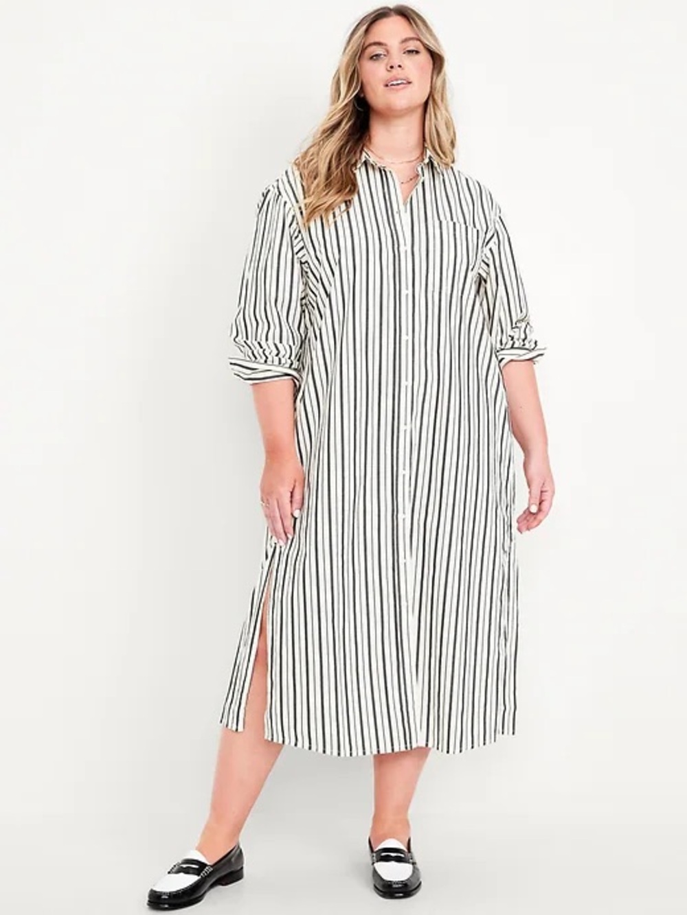 Old Navy White and Black Striped Button-Front Midi Dress